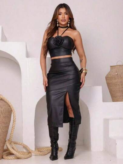 Conjunto 2 peças Feminino Elegante com Saia Midi Plissada Couro Fake e Fenda