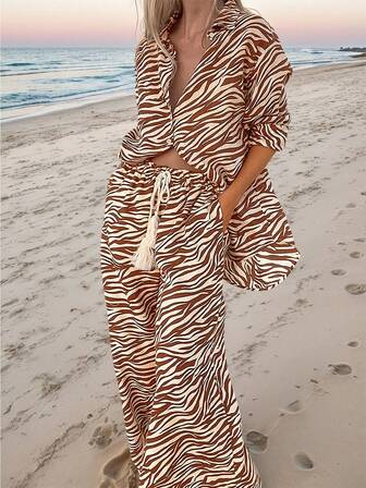 2pcs Set: Tropical Zebra Print Shirt + Fringe Drawstring Long Pants, Fashion New 2 Pieces Outfit, French Resort Style, Fashion Beachwear, Color Blocking, Contrast Color, Button Up
