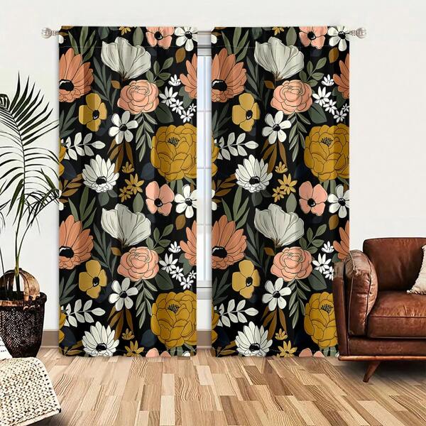 1Set/2pcs Elegant Boho Floral HD Digital Print Curtains,Polyester 100%Material Semi-Shading - UV Protection.These Colorful Spring Floral Prints Window Drapes Provide Privacy And Serve As Decorative Elements For The Countryside Farmhouse Living Room