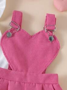 2 件幼儿女童休闲户外白色盖袖上衣 + 卡其色吊带裤套装，轻便夏季 - 玫紅色 - 查看 6