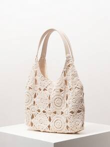 Floral Hollow Crochet Woven One Shoulder Bag, Beach Essentials, Raffia Bag, Beach Accessories For Women, Crochet Set, Elegant Bag For Women, Suitable For Outing And Shopping (Pattern Random) - Apricot - View 2