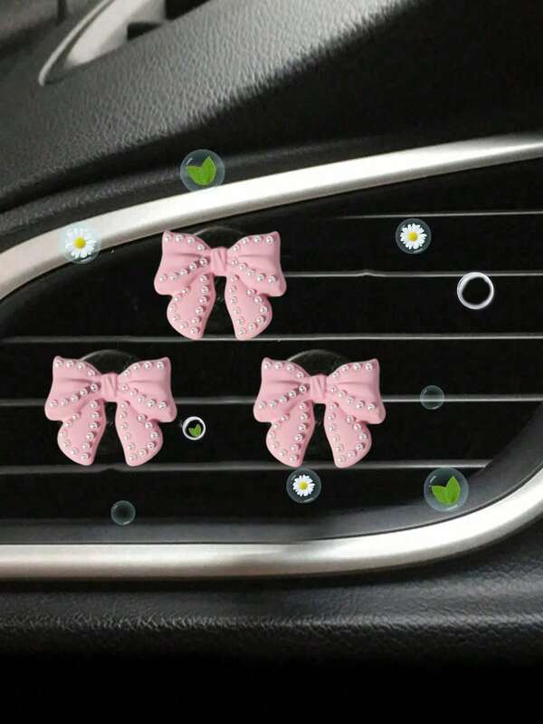3pcs Car Air Vent Aromatherapy Clip, Cute Cartoon Faux Pearl Bow Decoration For Air Vents, Small And Fresh Car Interior