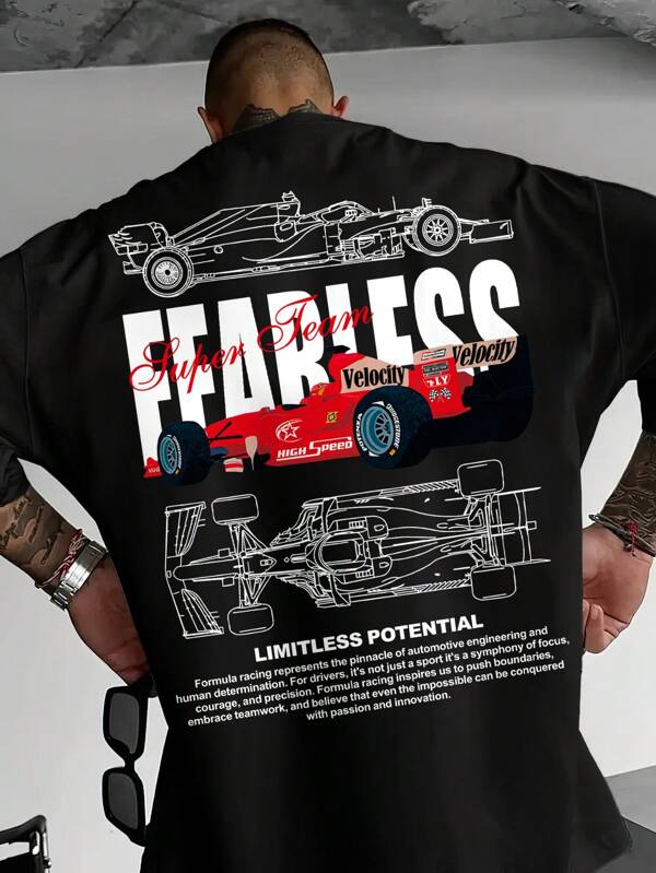 Men's Casual Black Loose Fit Crew Neck T-Shirt With Racing Formula Pattern Printed Design, Sporty Style