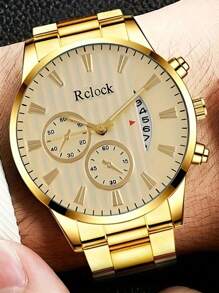 Conjunto de presente masculino de luxo com 4 peças: relógio de quartzo de aço inoxidável com calendário, visor preciso, colar com pingente, pulseira e anel, perfeito para uso profissional e casual - presente ideal