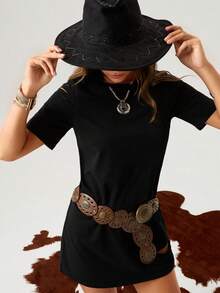 SHEIN LUNE Round Neck Casual Ripped Detail Solid Tee Dress - Black - View 2