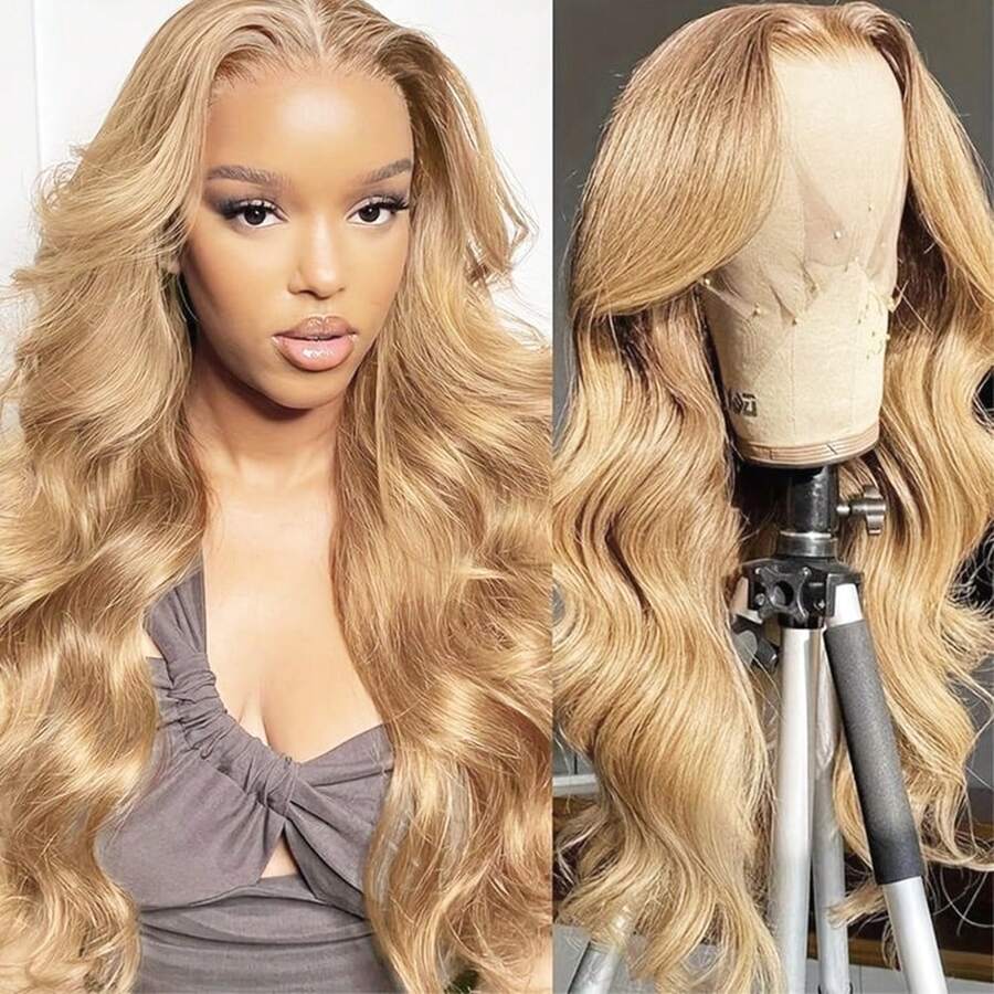 Blonde Body Wave Synthetic Lace Front Wigs 13x4 HD Lace Front Wig 26 Inch Soft Long Wavy Fiber Hair 180% Density Pre-Plucked Hairline Glueless Free Part Soft Natural Look For Women Versatile Styling Options - 金色 - 查看 1