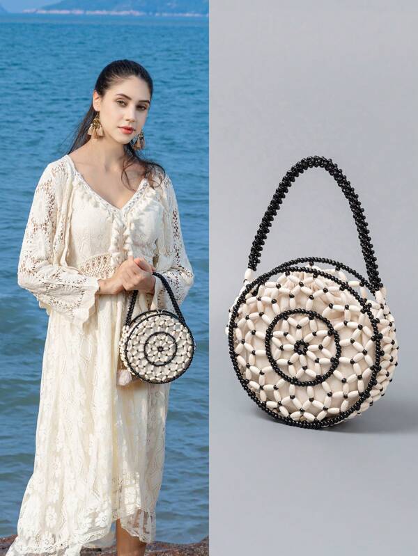 ENSPT Ein Stück braune, gefranste Beutelhandtasche, mit Kordelzug verschlossener gewebter Tasche mit Gras-Muster, Strandtasche für den Urlaub, eine runde Tasche aus kontrastierendem Ahornholz-Material mit abnehmbarer Innentasche, geeignet für Damen am Strand und im Resort, Perlenhandtasche, passend für Damen auf Strand- und Resort-Reisen