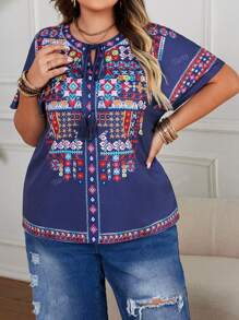 Plus Size Women Navy Blue Woven Graphic Print Batwing Sleeve V-Neck Drawstring Tassel Loose Pullover Top