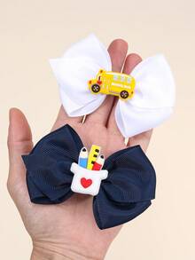 8pcs/2pcs Back To School PVC Ribbon Bow Hair Clips, Apple Book Pencil Black & White Decorative Hair Clips, Colorful Stationery Print Personalized Hair Clips, Suitable For Girls Back To School Gift - Multicolor - View 4