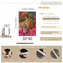 1pc, Canvas Hanging Picture, Framed, Vibrant Lion And Leopard Canvas Poster, Modern Art Wall Decor With Floral And Animal Patterns For Living Room, Bedroom, Bathroom, Home Office - Stylish Interior Home Decor, Room Decor