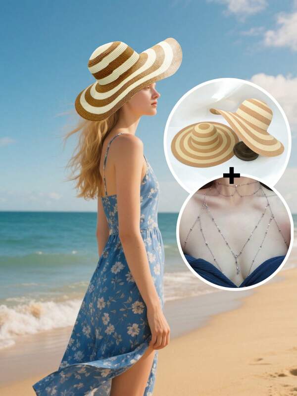 Set de 2 piezas: Sombrero de playa para mujer de ala ancha plegable en colores café y beige + Collar nupcial con colgante y borla, conjunto de joyas y accesorios sexys