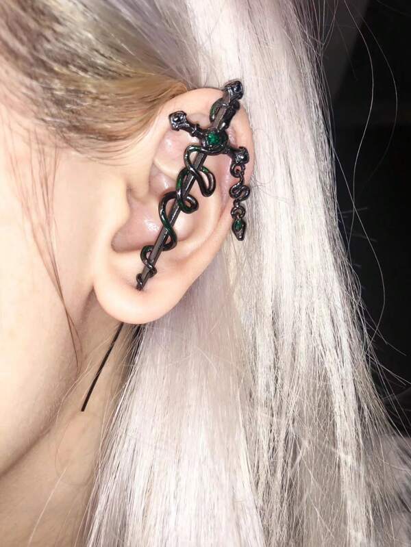 1pc Women's Unique Creative Snake Enameled Earrings, Rhinestone Cross Earrings, Snake Wrapped Sword Earring Decor, Y2K Style