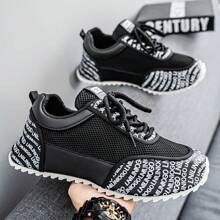 Men's Casual Sports Shoes, Fashion Random Letter Print Mesh & Leather Patchwork, Breathable Comfortable Lightweight Sneakers, 3 Colors Available, Lace-Up Low-Top Round Toe Shoes For Casual, Party, Outdoor, Non-Slip Asymmetrical Sole, Fashionable Men's Footwear