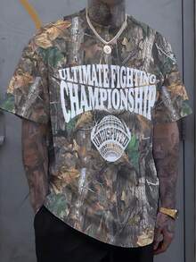 男士街头风格迷彩印花涤纶 T 恤，四季针织面料，略有弹性，宽松版型 - 彩色 - 查看 1