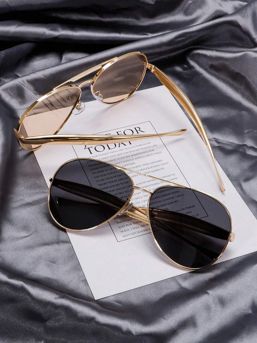 2pcs Large Frame Double Beam Metal Fashion Glasses Toad Glasses Advanced Retro Personalized Versatile Men And Women's Fashion Glasses Suitable For Daily Wear Street Photography Vacation Travel Summer Beach Accessories - 2pcs(黑色+香檳色) - 查看 1