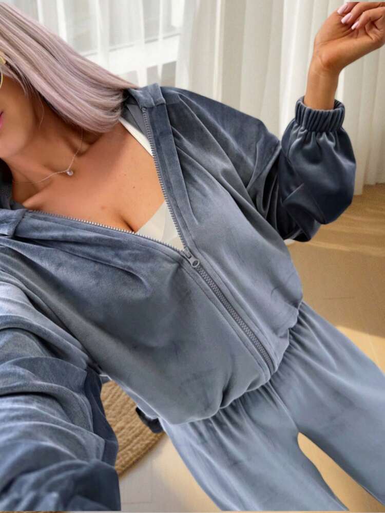 Women's New Velvet 2 Pieces Set, Including Hooded Zip-Up Sweatshirt And Loose Pants, Business Casual Suit For Ladies Spring - Dark Grey - View 3