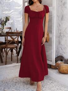 PoPoHouse Women's Solid-Color Bohemian Vacation-Style Dress With A Low-Cut Off-The-Shoulder Neckline And Back Tie Detailing.