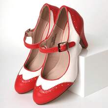 Women Mary Jane Pumps – Round Toe Retro Low Kitten Heels With Ankle Strap & Memory Foam Insole, Vintage 1950s Cone Heel Dress Shoes For Weddings, Bridesmaids, Date Night, Parties & Business Casual [Size Up Half Size] - 紅色奶油色PU - 查看 5
