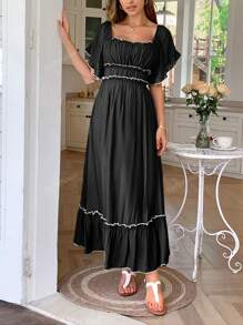 PoPoHouse Women's Dress Summer Vacation Casual Color Contrast Skirt With Ruffled Puffy Sleeves