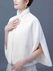 1 قطعة رداء ناعم فاخر ذو طوق عالي، بتصميم شق، أنيق للزفاف والحفلات، مقاوم للرياح - أبيض - مشاهدة 1