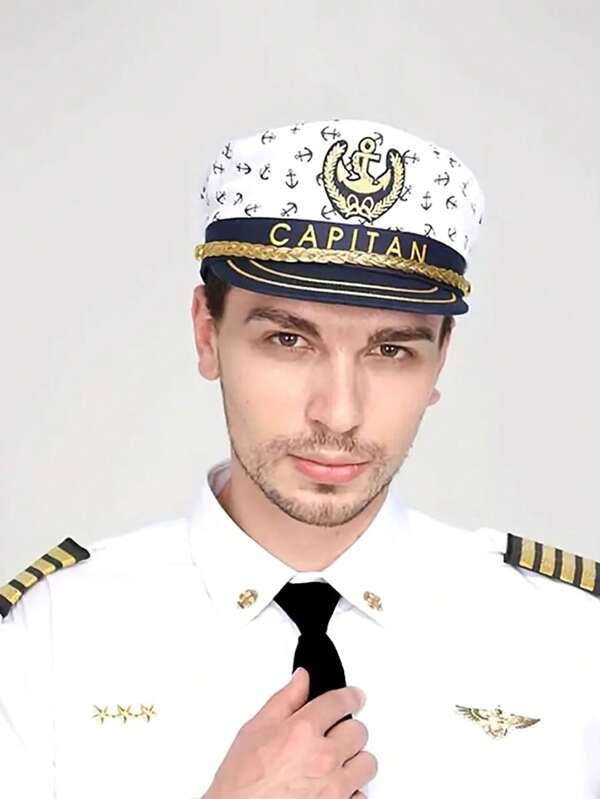 2 Piece Set: Captain Hat + Tie, Adjustable Embroidered Anchor Sailor Hat, Navy Style For Stage Performance, Party, Costume