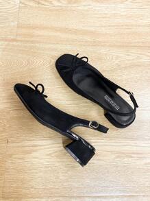 Square Toe Chunky Heels Women Shoes, Versatile Bow Decor Slip-On Flats, Fashionable Loafers, Black Open-Back High Heels. Women's High Heel Pumps, Run One Size Larger.