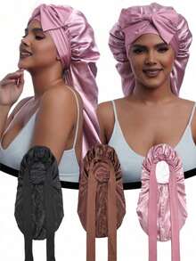 1pc Women's Pink Elastic Drawstring Long Satin Silk Hair Bonnet, Curly Hair Wrap, Suitable For Long Hair, Braids, Dreadlocks, Curly Hair, Satin Silk Hair Bonnet, Satin Bow Hair Bonnet