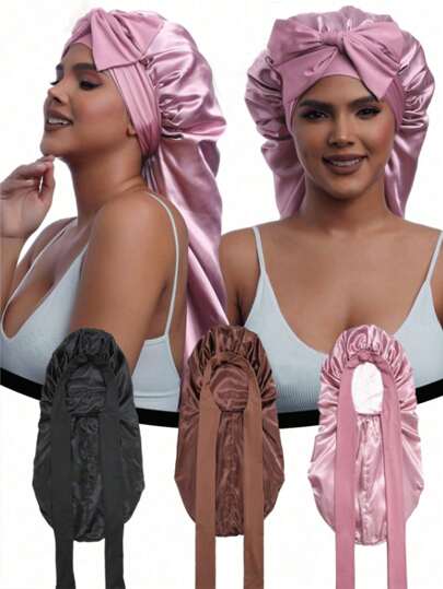 1 Pezzo Berretto da notte in raso e seta rosa elasticizzato, cappello lungo per donna, ideale per capelli ricci, trecce, dreadlock, berretto in seta e raso con fiocco