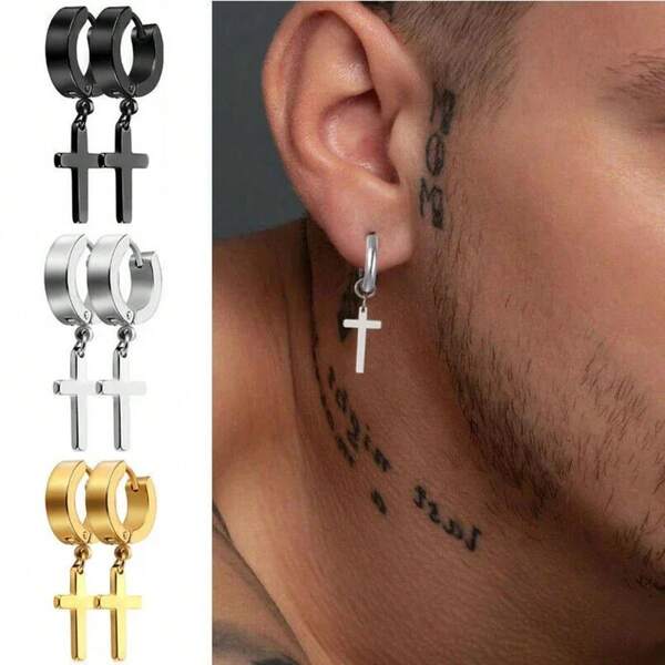 2pcs Stainless Steel Men's Cross Star Punk Earrings, Gothic Women's Cross Hoop Earrings, Curiosity Pendant Piercing Jewelry, Jewelry Enthusiasts' First Choice, Birthday, Holiday, Christmas, New Year, Gift
