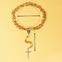 1 件欧美时尚经典玫瑰木珠手工 Y 形十字架长项链，女士优雅颈链 - 棕色 - 查看 5