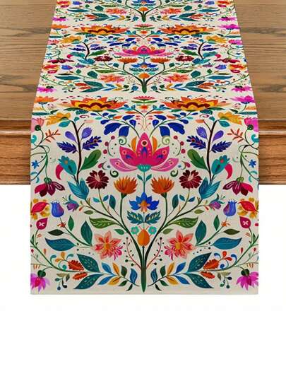 1pc Vibrant Mexican Floral Print Table Runner Colorful Floral Pattern Table Runner Home Decor 13x35.4/47.2/63/72/78.7 Inches,Fall Decor,Autumn Decor,Room Decor