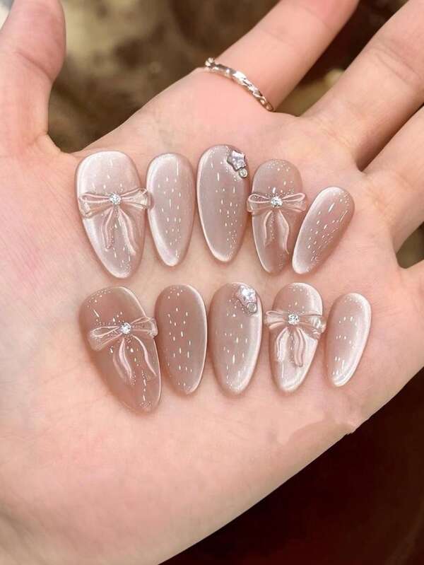 10 Pieces Of Cat-Eye Wearable Almond Nail Mid-Length High Quality Beautiful Wedding Nail Handmade Bow Fake Nail Pieces, Suitable For Girls Or Women To Wear On Holiday Or Mother's Day Gifts Or Special Occasions