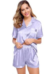 Womens Silk Satin Short Sleeve Loungewear Two-Piece Sleepwear Button-Down Pj Set - Lavender-no Piping-214 - View 4