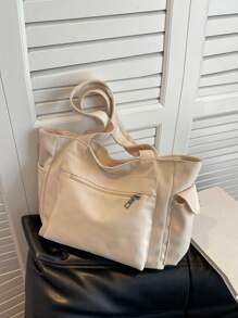 Bolsa de ombro grande com vários bolsos, cor lisa, moderna, minimalista, casual, para viagem, escola, compras