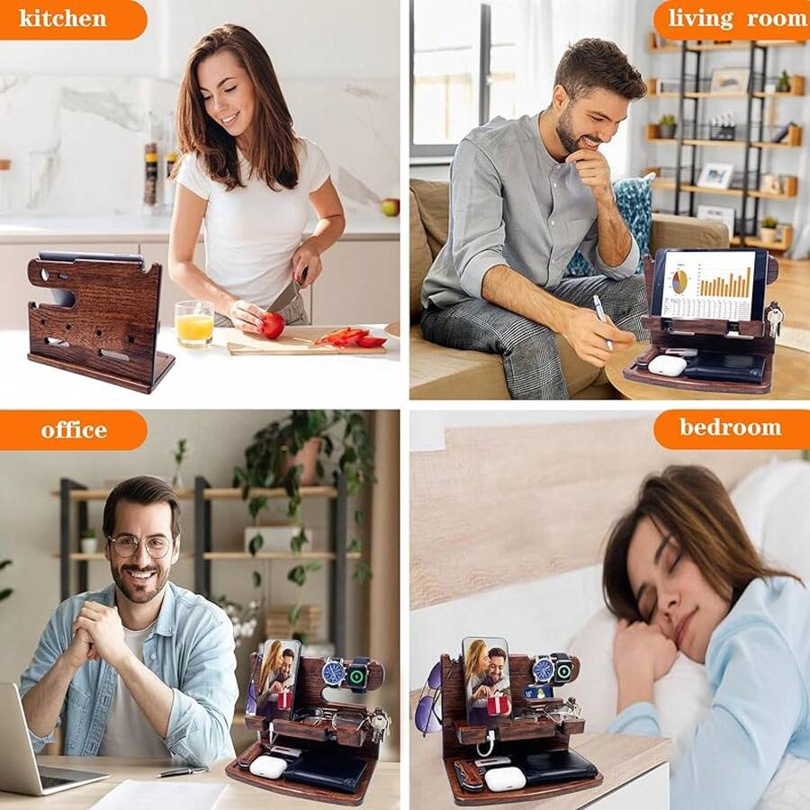Gifts Men Women Dad Husband Boyfriend Wood Phone Docking Station Nightstand Organizer Men Birthday Gifts (Dark Brown) - Brown - View 1