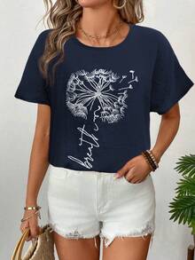 休闲度假风梭织纹理圆领蒲公英印花宽松短袖女式衬衫，春夏款