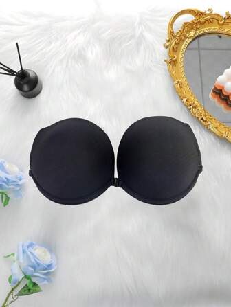 Women's Solid Color Breast Lifting Comfortable Top Support Steel Ring Front Opening Bra Transparent Shoulder Strap Suitable For Parties