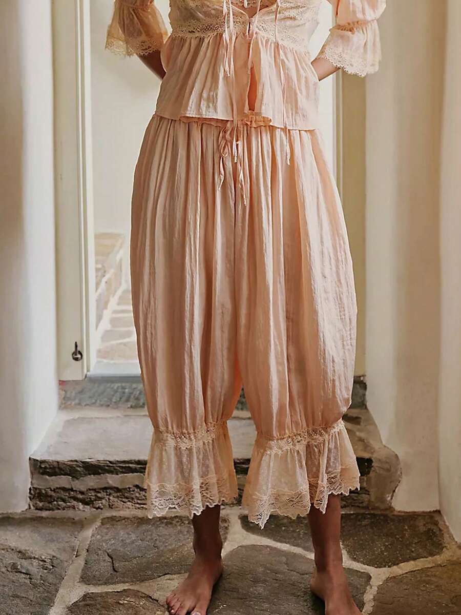 Women Lace Trim Long Bloomers Y2k Elastic Mid Rise Ruffle Victorian Pantaloons Cropped Flared Slips Pants Pumpkin Pants - Champagne - View 1