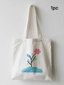 1pc Plant Flower Simple Fashion Canvas Print Handbag Shoulder Bag Tote Bag, Portable Storage Bag, Gift Packaging Bag, Laundry Bag, School Use, Home Decoration, Book Notebook Storage Bag, Snack Bag, Gift Storage Bag, Daily Necessities Storage Bag, Travel Storage Bag, Birthday Gift, Teacher Gift, Back To School Gift, Graduation Gift, Thanksgiving Gift, Christmas Gift, New Year Gift, Gift Essential, Washable And Reusable