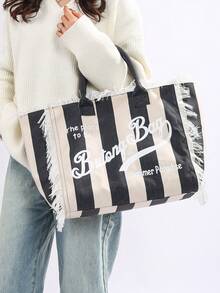 1 件时尚女士条纹托特包字母印花和原始下摆设计单肩包大容量休闲沙滩通勤手提包女士/女孩日常使用/购物/度假/旅行 - 黑與白 - 查看 7