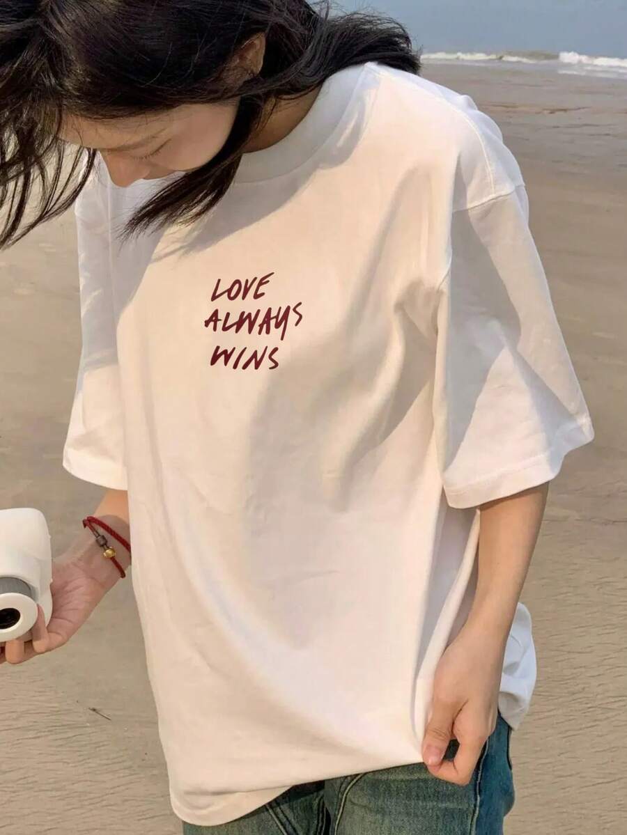 Made In Japan, Spring/Summer Cotton, Round Neck, Loose Fit, Versatile, Simple, English Print Short-Sleeve T-Shirt - White - View 1