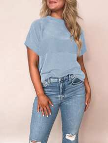 CILKOO Summer Casual Solid Color Striped Print Knit Texture Striped Round Neck Drop Shoulder T-Shirt - Blue - View 8