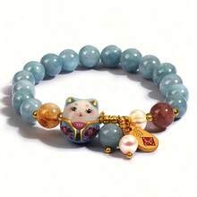 Bohemian Style Cute Ladies' Bracelet With Blue Stone Beads, Ceramic Cat Pendant, And Gold Accents - Lightweight And Durable Wristband Suitable For Casual Wear - Mèo may mắn - Xem 2