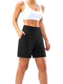 1 pieza Short de yoga de cintura alta y control de abdomen elástico talla grande para mujeres, casual y con estilo con bolsillos, mallas para entrenamiento al aire libre