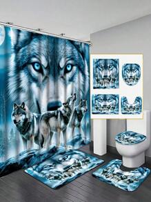 1/4pcs Wolf King Wolf Pack Bathroom Shower Curtain Decor, Excellent Housewarming Gift, Modern Home Decor, Waterproof Shower Curtain And 3-Piece Bathroom Mat Set Including Bath Mat, Toilet Mat, U-Shaped Mat, With 12pcs Shower Curtain Hooks Bathroom Accessories Back To School