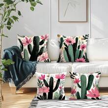 4pcs Cactus Printed Pillow Case Set - 45*45cm Peach Velvet Pillow Cover