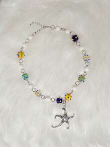 1pc Colorful Beaded Starfish Pendant Necklace, Simple Design, Fashionable Chic Ladies Summer Beach Style