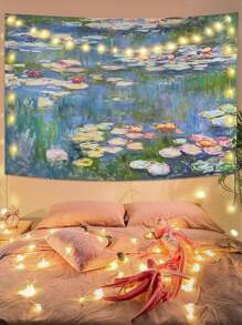 1 buc tapiserie de perete cu nufăr Monet, poster de artă florală verde cu plante pentru dormitor, femeie și bărbat, mic iaz cu flori naturale, tapiserii de acuarelă pentru decor de dormitor în cameră, decor școlar, surpriză școlară, decor de dormitor, înapoi la școală