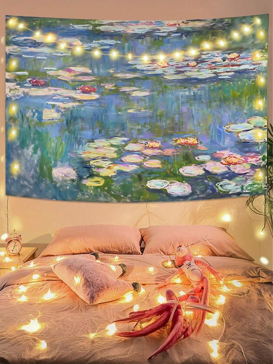 1 buc tapiserie de perete cu nufăr Monet, poster de artă florală verde cu plante pentru dormitor, femeie și bărbat, mic iaz cu flori naturale, tapiserii de acuarelă pentru decor de dormitor în cameră, decor școlar, surpriză școlară, decor de dormitor, înapoi la școală