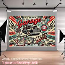 2D Backdrop Cloth, Vintage Garage Service Station Backdrop - Full-Service Coffee Theme Retro Americana Photography Background With Classic Cars & Tools, Indoor/Outdoor Banner For Birthday Parties, Holiday Decor, Studio Props,2D Flat,Notmulti-Layer Or Real Model